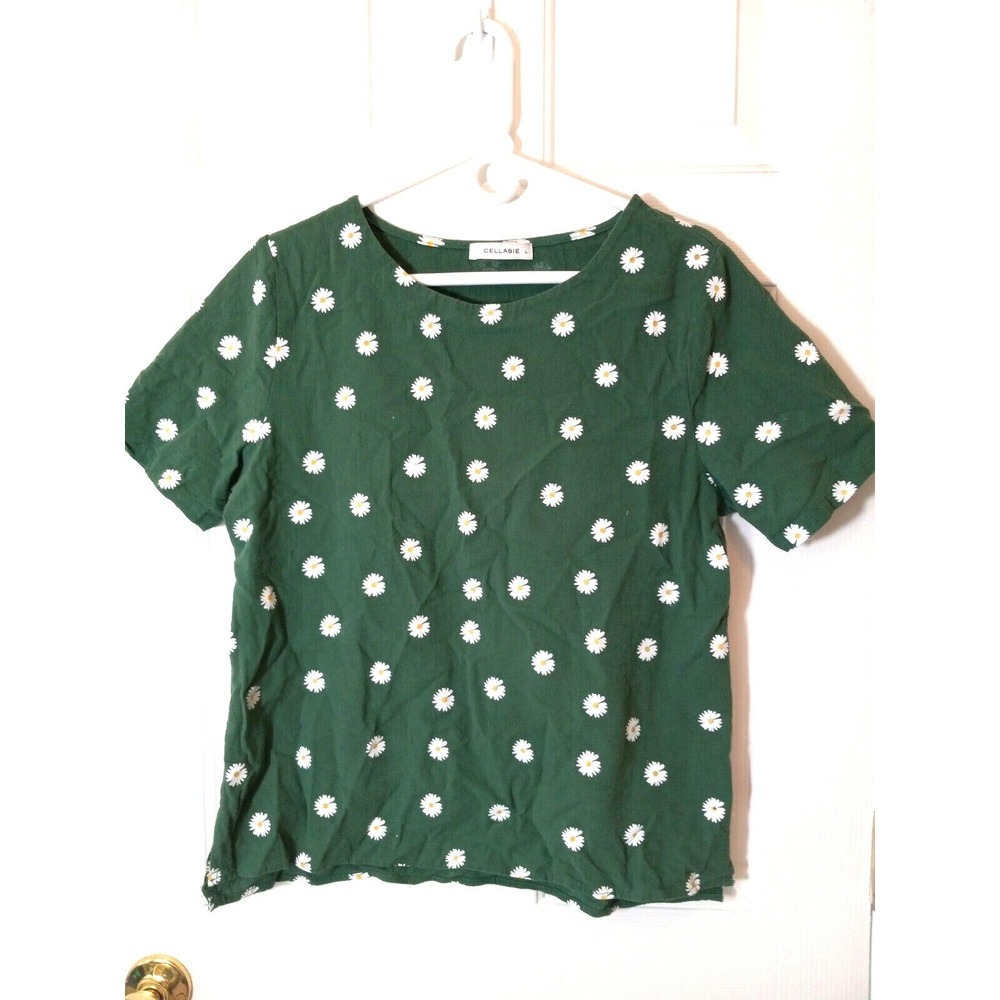 CELLABIE Women's Green White Floral Daisy Print Cotton Blend Top Size L